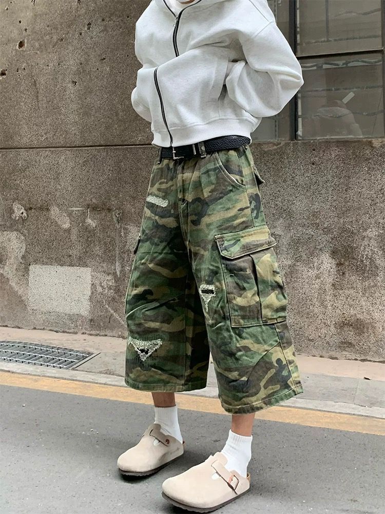 Men's Clothing Washed Damaged Old Camouflage Shorts For Men And Women Summer High Street Fashion Brand Handsome Seven Point Overalls_viptrois.com