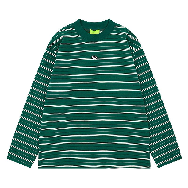 Korean Version Of Simple And Casual Wear Green Contrasting Stripes Casual Retro Loose Long-sleeved T-shirt Men's And Women's Autumn Tops_viptrois.com