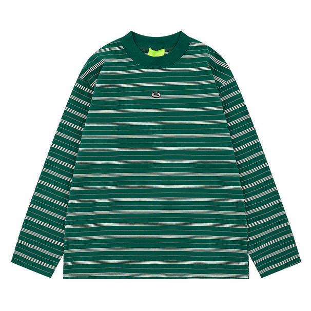 Korean Version Of Simple And Casual Wear Green Contrasting Stripes Casual Retro Loose Long-sleeved T-shirt Men's And Women's Autumn Tops_viptrois.com