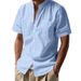Men's Summer Loose Linen Cardigan Casual Stand Collar Beach Shirt Short Sleeve Solid Color American Style_viptrois.com