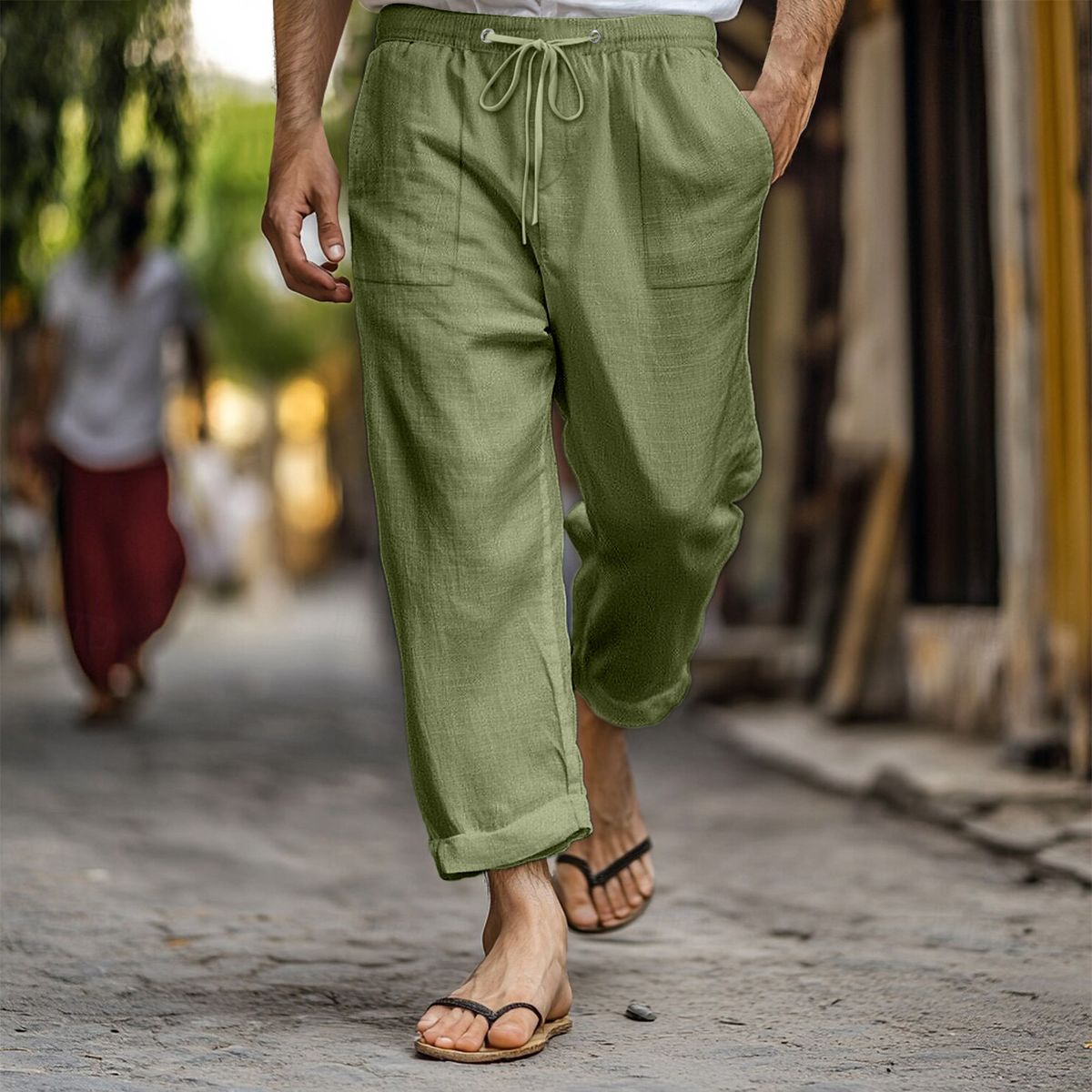 Men's Clothing Casual Summer Elastic Waist Drawstring Multi Pocket Cotton And Linen Trousers Beach Pants_viptrois.com