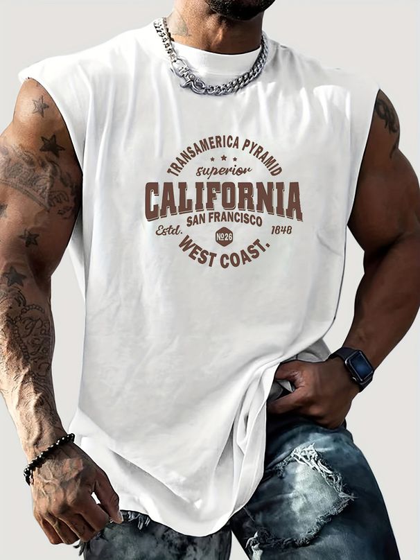 100% Pure Cotton Men's Summer Casual Sports Fitness Loose California Pattern Printed Breathable Round Neck Sleeveless Vest_viptrois.com