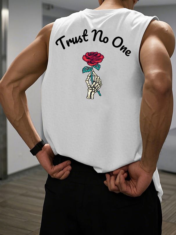 100% Cotton Men's Summer Casual Sports Fitness Loose Trust No One Skull Rose Print Breathable Round Neck Sleeveless Vest_viptrois.com