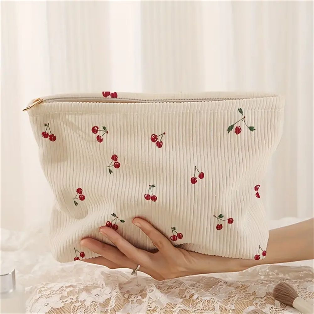 Storage Bags Hand Painted Fruit Cherry Print Corduroy Zipper Storage Bag Lightweight Cosmetic Bag_viptrois.com