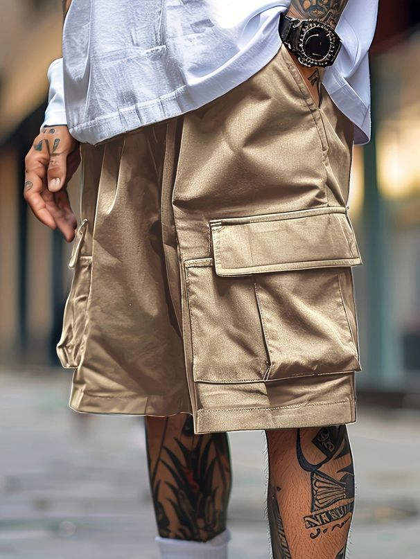 Men's Clothing Three Dimensional Pocket Work Shorts Trendy Brand Loose Solid Color Casual Shorts_viptrois.com