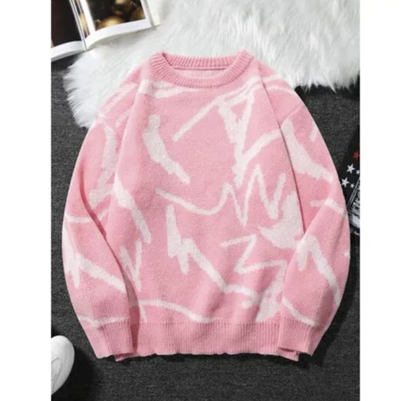 Unisex Chunky Knit Sweatshirt - Oversized Round Neck Long Sleeve Pullover, Streetwear & Vintage Style, Black/Purple/Grey/Yellow/Pink_viptrois.com