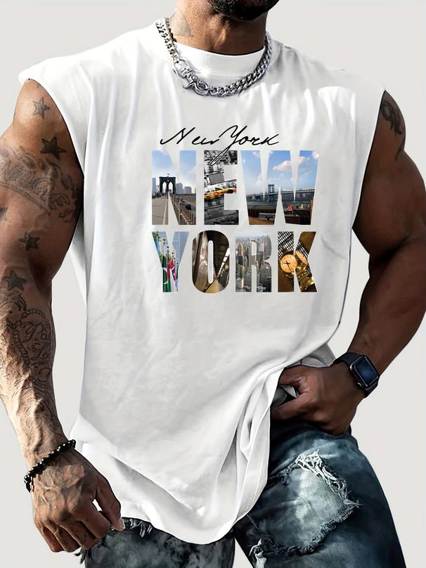 100% Pure Cotton Men's Summer Casual Sports Fitness Loose New York Pattern Printed Breathable Round Neck Sleeveless Vest_viptrois.com