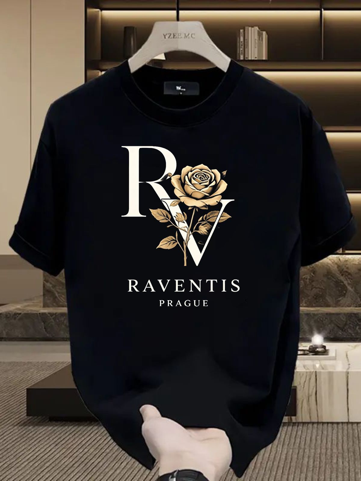 Men's 100% Cotton RV Golden Rose Print Tee, RAVENTIS PRAGUE Luxury Casual Round Neck European Vintage Short Sleeve T-shirt_viptrois.com