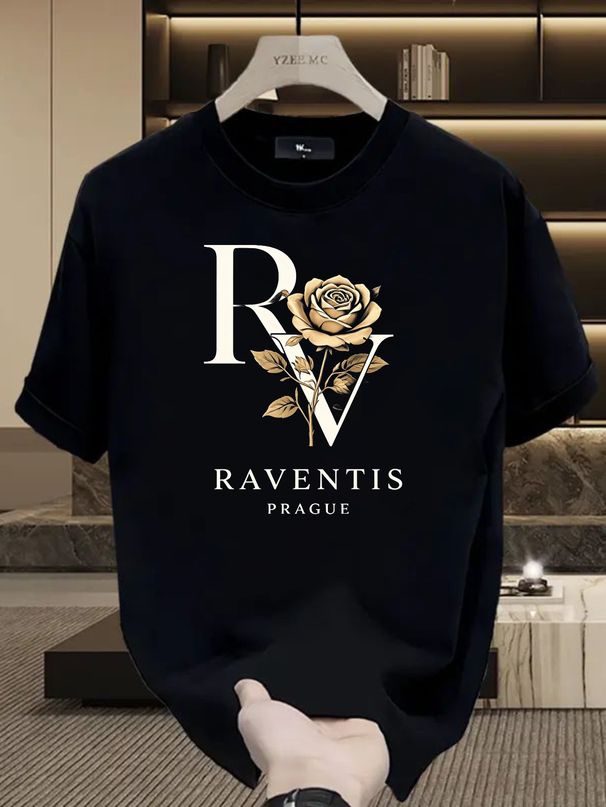 Men's 100% Cotton RV Golden Rose Print Tee, RAVENTIS PRAGUE Luxury Casual Round Neck European Vintage Short Sleeve T-shirt_viptrois.com
