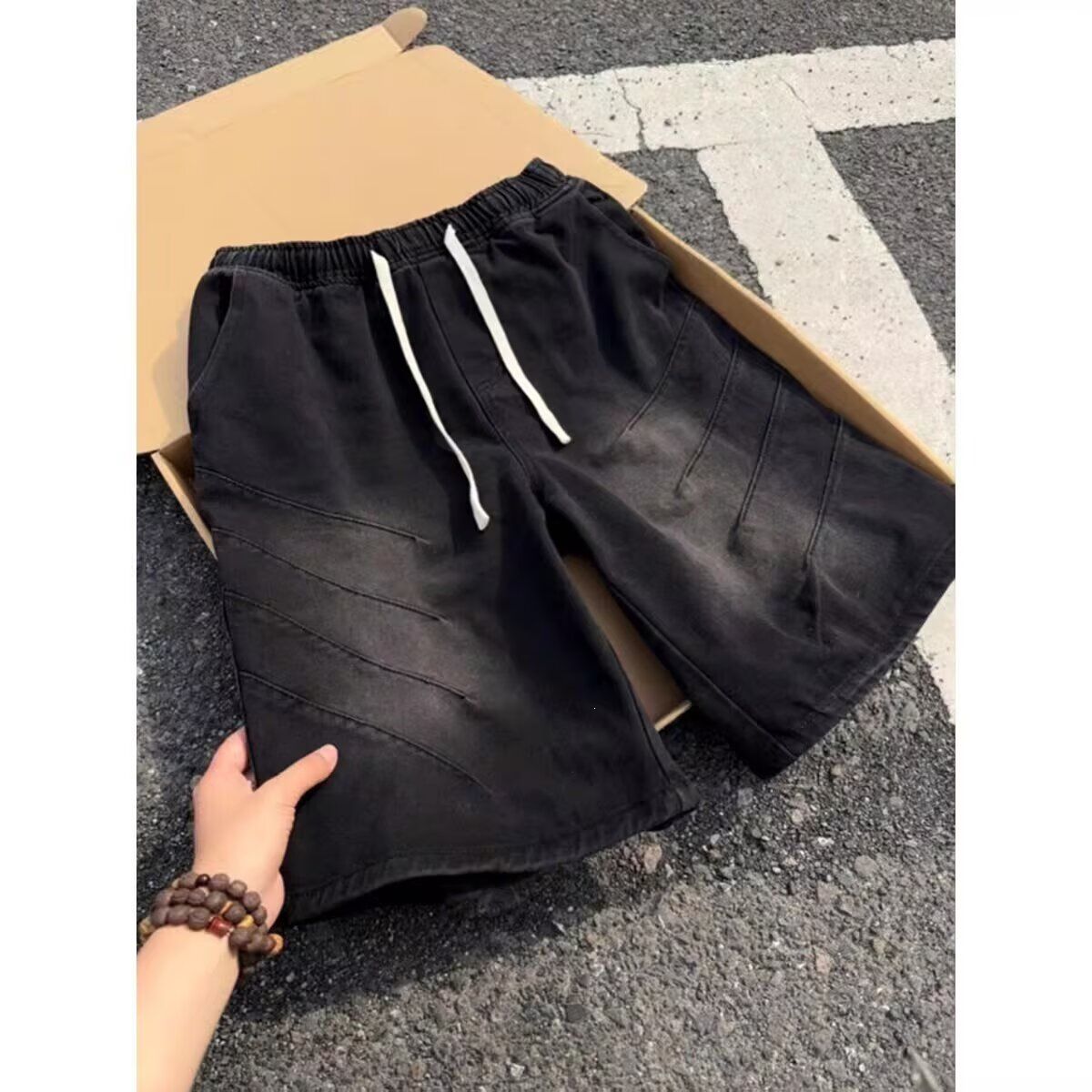 Men's Washed Pleated Denim Shorts Summer Outerwear Shark Gill Drawstring Five Point Casual Mid-Length Pants_viptrois.com
