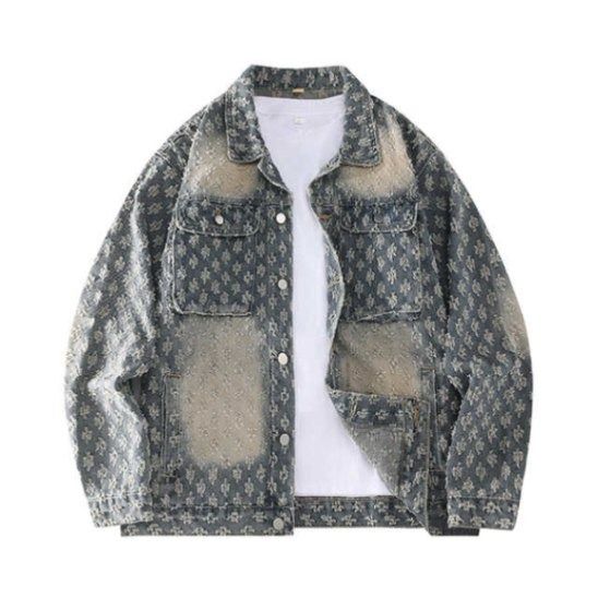 Men's Clothing Fashion Brand Retro Washed Distressed Jacquard Denim Jacket Loose Casual Versatile Full Print Couple Jacket_viptrois.com