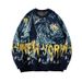 Retro Space Print Sweater – Oversized Unisex Knit Pullover With Cosmic Design (Blue, S/M/L/XL)_viptrois.com