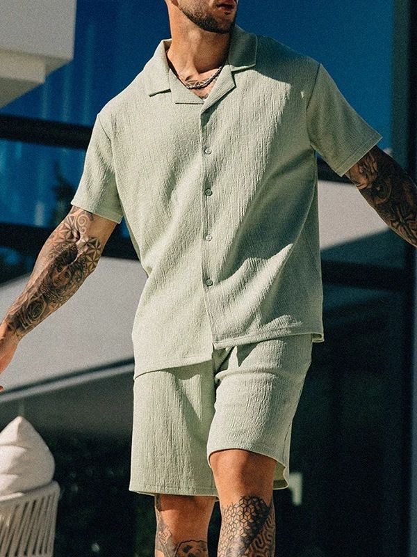 Men's Clothing Summer Casual Lapel Shirt Short Sleeved Shorts Men's Suit_viptrois.com