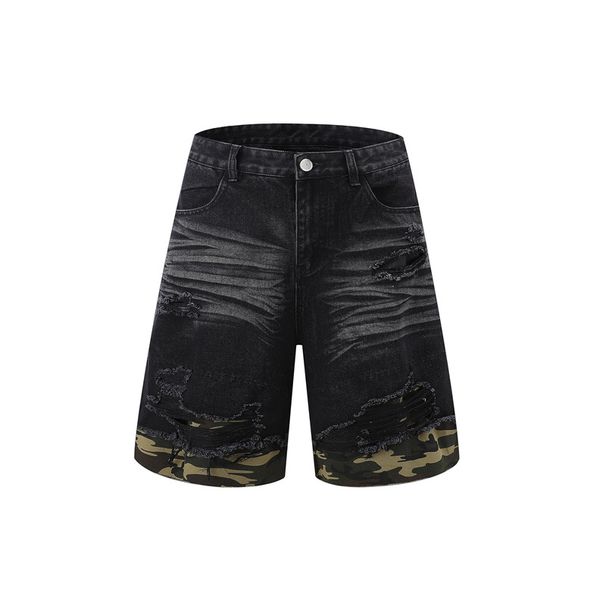 Men's Clothing Fashion Cut Edge Stitching Leopard Print Denim Short Sleeves Casual Five Point Denim Jacket Loose Short Sleeves Denim Shorts_viptrois.com
