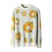 Men's Sunflower Jacquard Wool Sweater | Autumn Winter Thick Knit Pullover | Oversized Round Neck Long Sleeve Jumper (White/Black/Light Grey)_viptrois.com