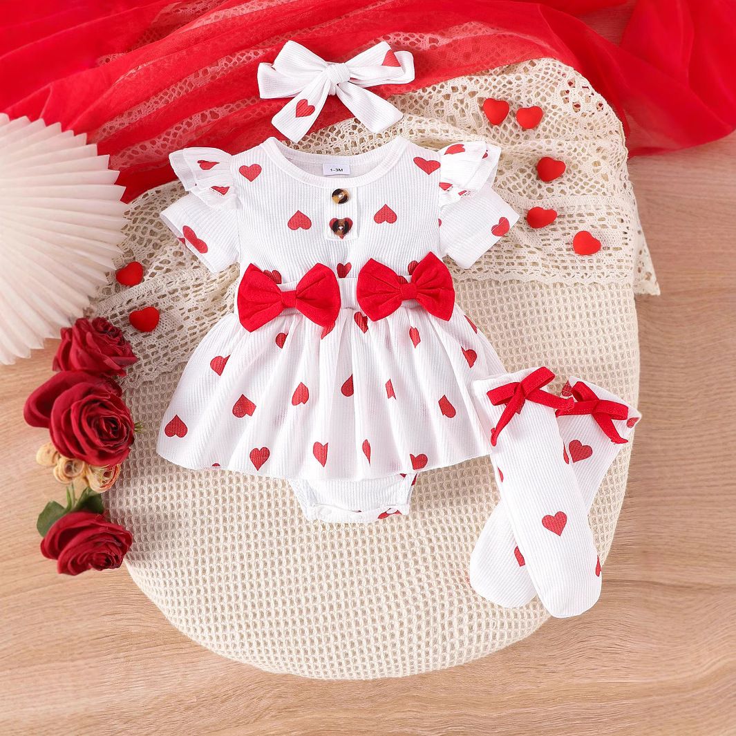 Cross Border Romper Suit Valentine's Day Baby Red Heart Bow Pattern Short Sleeved Romper Headband Socks_viptrois.com