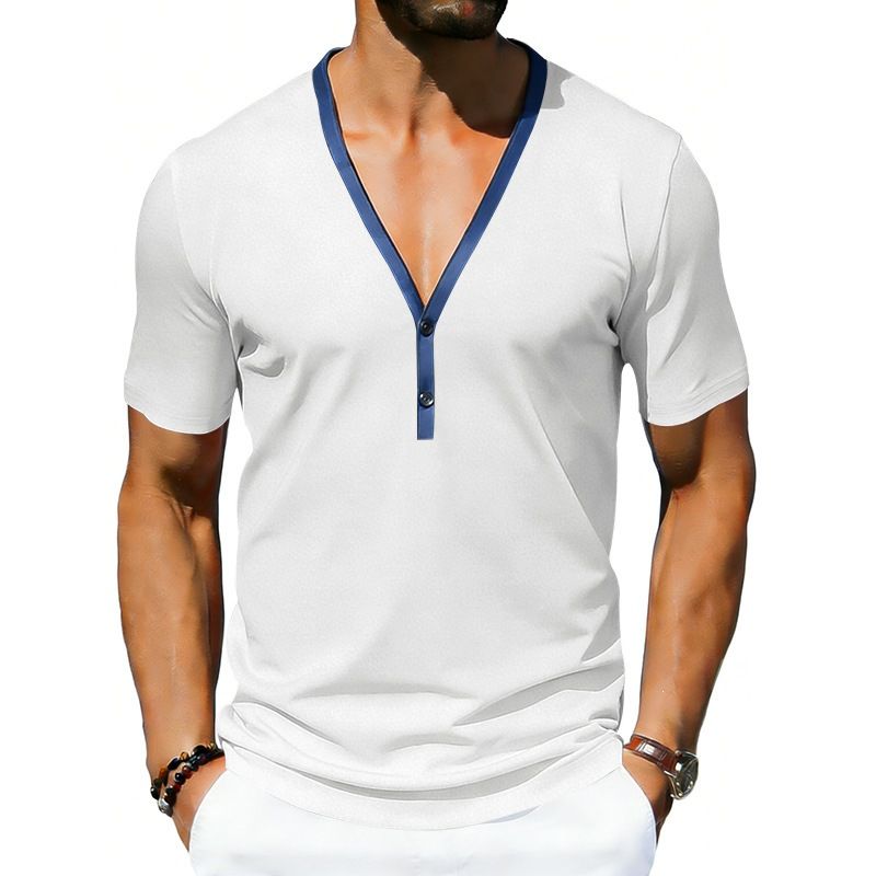 Men's Summer V-Neck Henley Short Sleeve T-Shirt Stretch Comfort Fit Casual Contrast Trim Tee Stylish V-Neck Henley Design_viptrois.com
