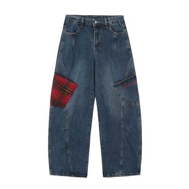 Men's Loose Cargo Jeans With Color Block Pockets, Unique Design, Split And Spliced Straight-Leg Trousers, Trendy_viptrois.com