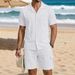 Men's Linen Cotton Short Sleeve Shirt And Shorts Set Casual Breathable Summer Outfit With Collar_viptrois.com