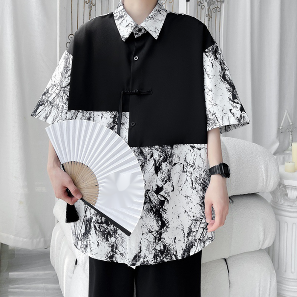 Summer National New Chinese Style Pan Button Spliced Short Fashion Print Loose Casual Half Sleeved Shirt_viptrois.com