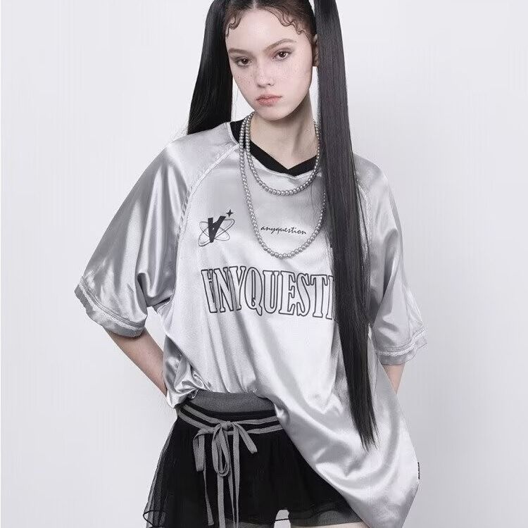 Summer America Style Silver Letter Prit T-Shirt Desig Sese Loose Casual Sports Jersey Top_viptrois.com