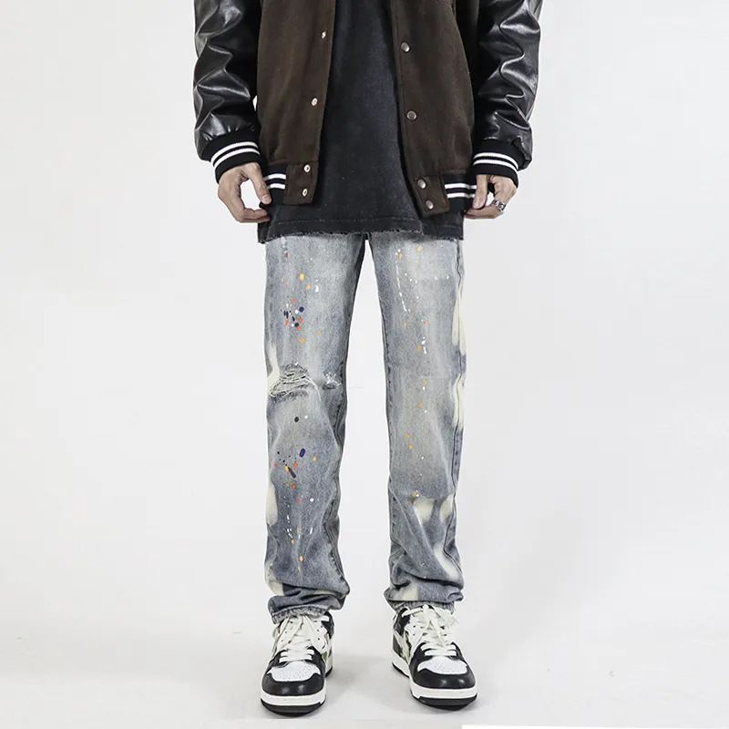 Men's Clothing Retro Washed Distressed Ink Splashed Ripped Jeans Trendy Street Hip Hop Loose Straight Casual Trousers_viptrois.com