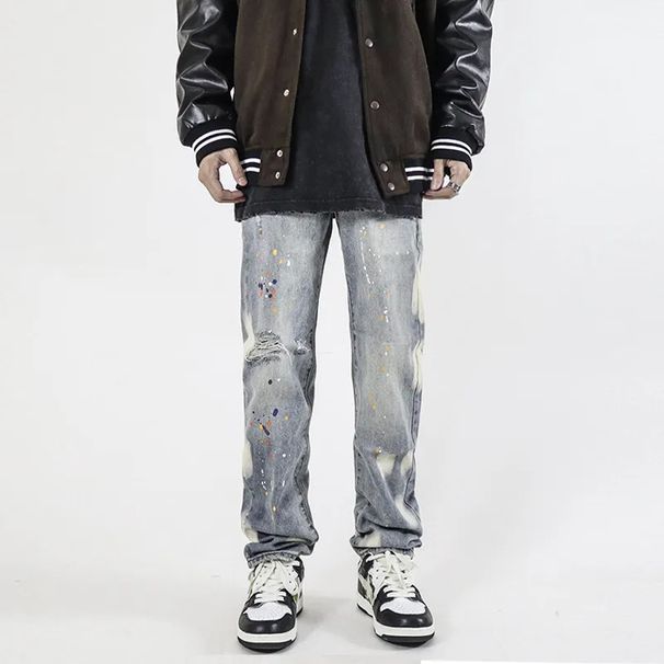 Men's Clothing Retro Washed Distressed Ink Splashed Ripped Jeans Trendy Street Hip Hop Loose Straight Casual Trousers_viptrois.com