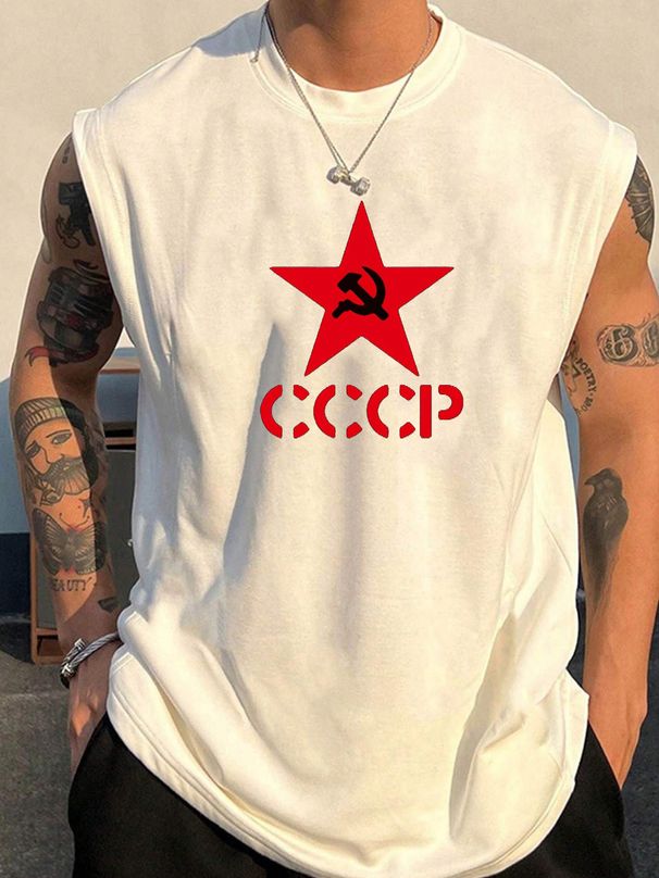 100% Pure Cotton Men's Summer Casual Sports Fitness Loose Soviet Retro Symbol Printed Breathable Round Neck Sleeveless Vest_viptrois.com