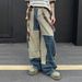 Vintage American Streetwear Washed Denim Pants Unisex Distressed Wide-Leg Jeans With Color Blocking And Curved Hem_viptrois.com