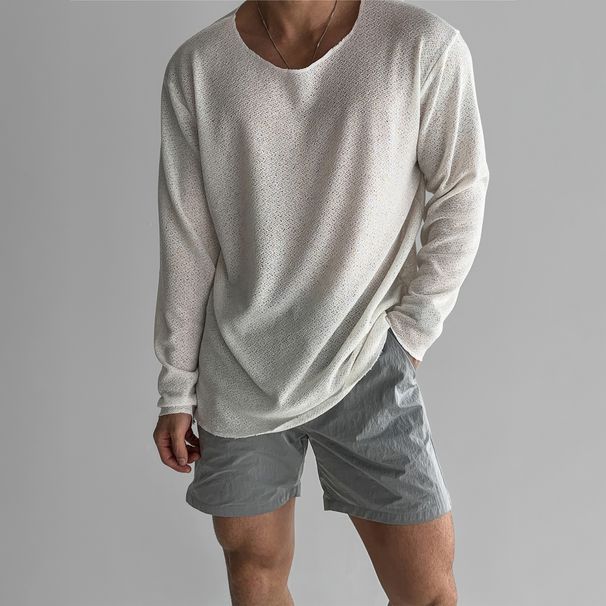 Lightweight Breathable Sunscreen Long Sleeved Knitted T Shirt Men's Summer American Style Casual Loose T Shirt_viptrois.com