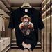 Warm T-shirt (Organic Cotton) Black (Soft "Happy Farm Boy & Chickens" Print & Minimalist Accent) – Cozy Minimalist Style For Lounging At Home_viptrois.com