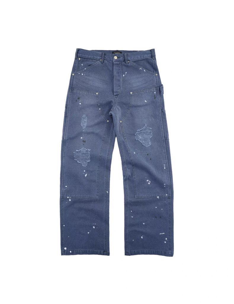 Vintage Distressed Workwear Pants - Relaxed Straight Leg French Carpenter Trousers With Paint Splatter Effect_viptrois.com