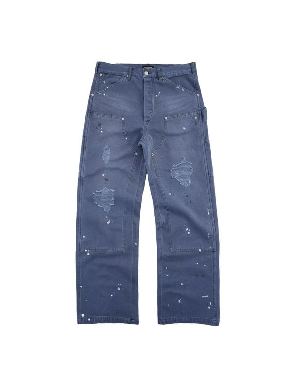 Vintage Distressed Workwear Pants - Relaxed Straight Leg French Carpenter Trousers With Paint Splatter Effect_viptrois.com