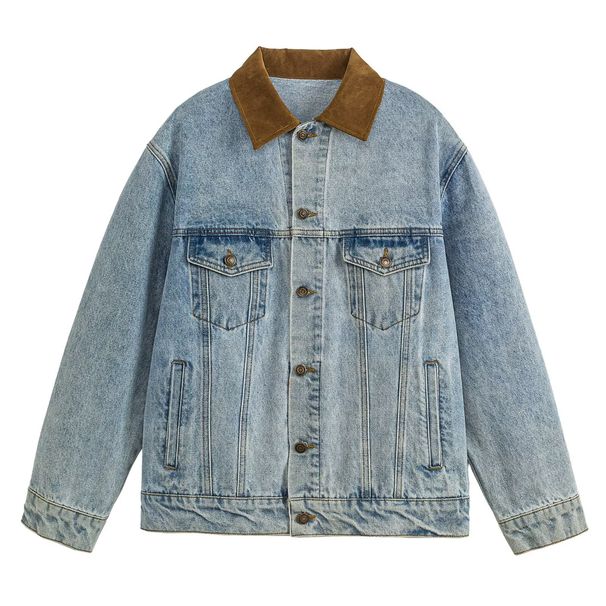 Gradient Washed Contrasting Collar Jacket For Men, Color Blocked Lapel, New Retro Vintage Casual Denim Jacket_viptrois.com