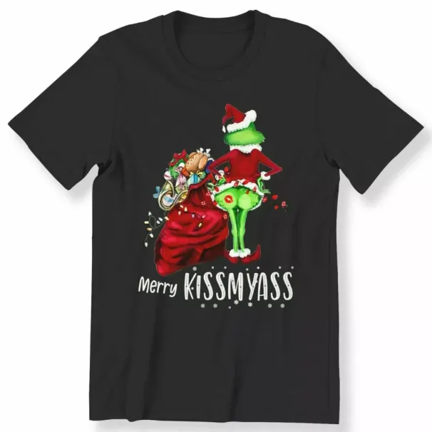 MENS WOMENS Merry Kissmy-ss Ladies Christmas Funny T-Shirt Mens Womens Tees Top Santa Xmas Gift Tee_viptrois.com