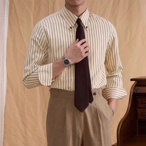 Men's Clothing Spring And Autumn Business High End Vertical Striped Men's Large Pointed Collar Shirt High End Long Sleeve Non Iron Anti Wrinkle Shirt_viptrois.com