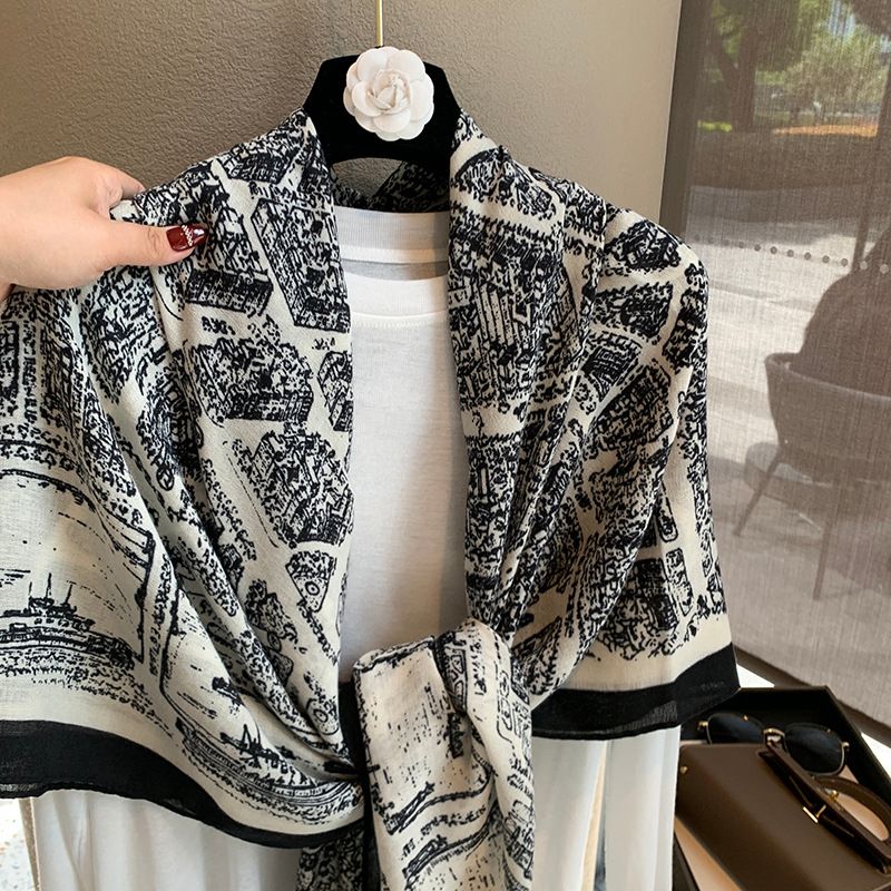 Women's Scarves Retro Black 130cm Large Square Scarf Spring And Summer Cotton And Linen Sunscreen Shawl Outer Wear Dual Purpose Sunscreen Silk Scarf_viptrois.com