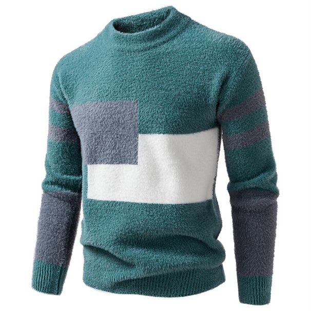 Autumn 2026 Fashion Knitwear Pullovers Men Artificial Mink Fluff Half High Collar Color Mixing Long Sleeve Casual Slim Thick Sweater_viptrois.com