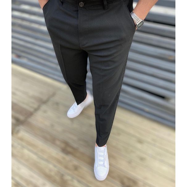 Men's Mid-Waist Solid Color Trousers Slight Elastic Casual Pants_viptrois.com