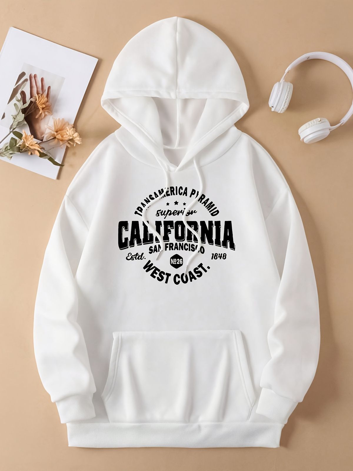 Men's Autumn And Winter Casual Fashion Loose Hooded Sweatshirt California Classic Letter Print Warm Long Sleeved Pullover_viptrois.com