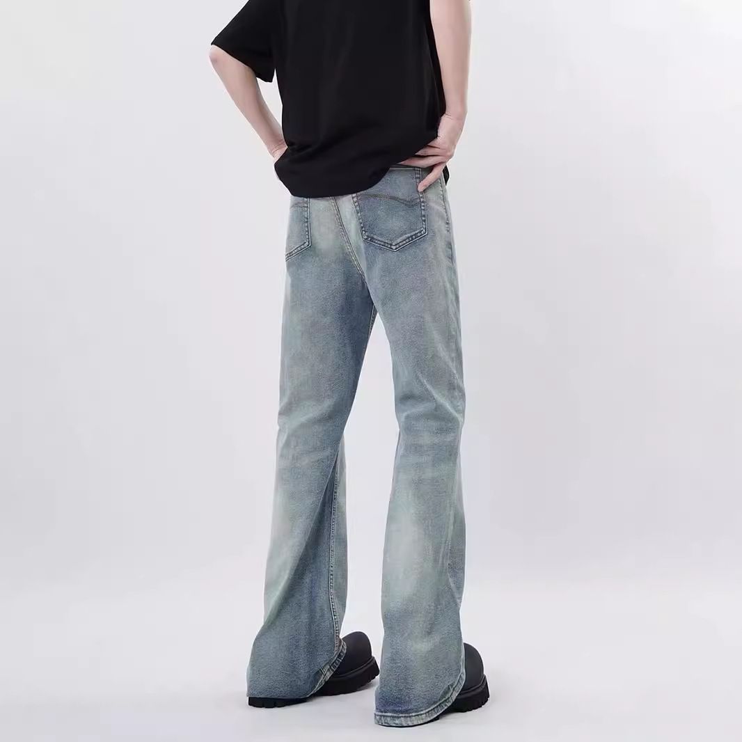 Men's Clothing High Street Cleanfit Washed Distressed Jeans Men's Slim Straight Flared Light Blue Pants_viptrois.com