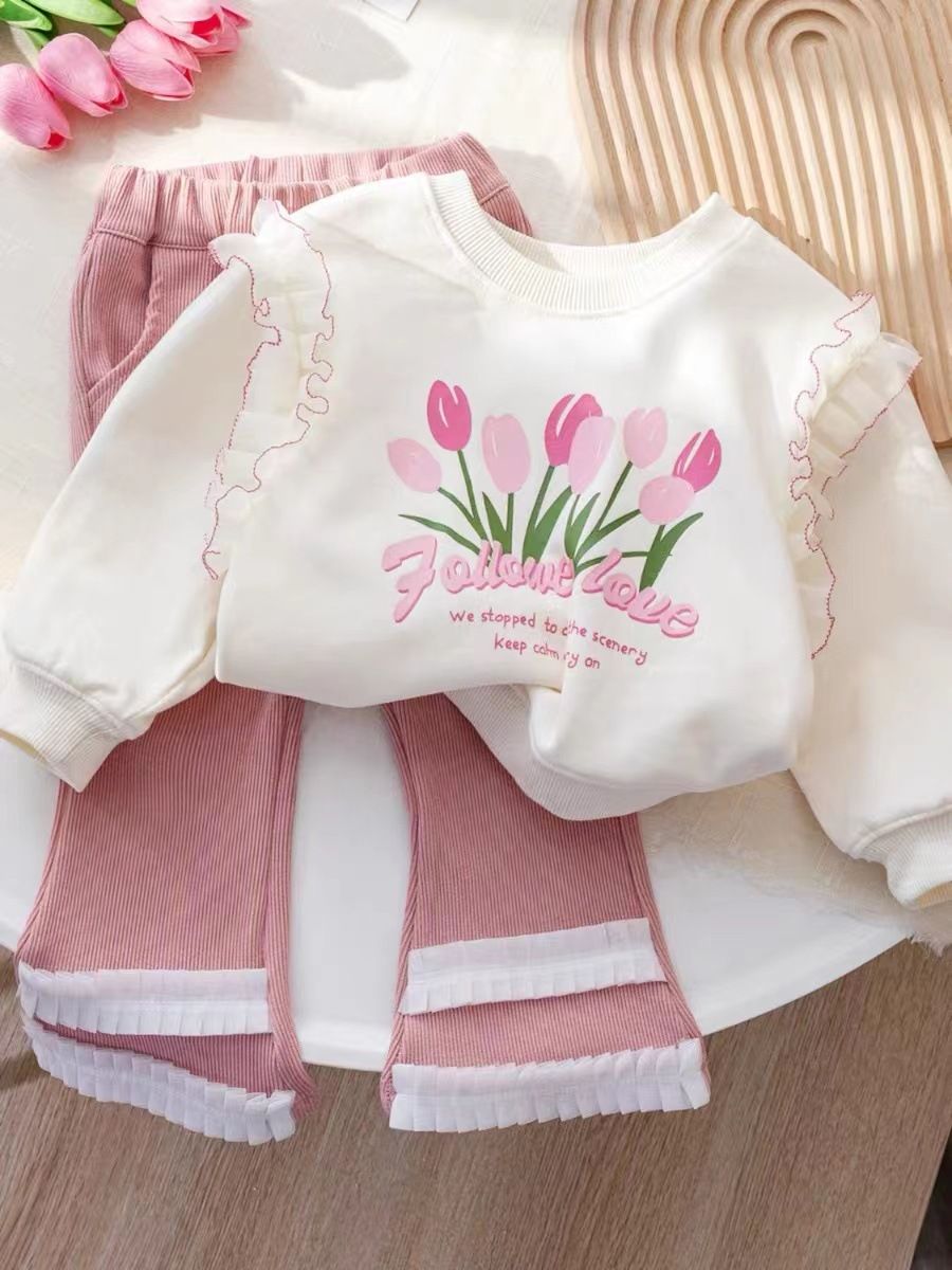 Kids Clothing lace sweater for girls Internet celebrity trendy printed long sleeved top suit_viptrois.com