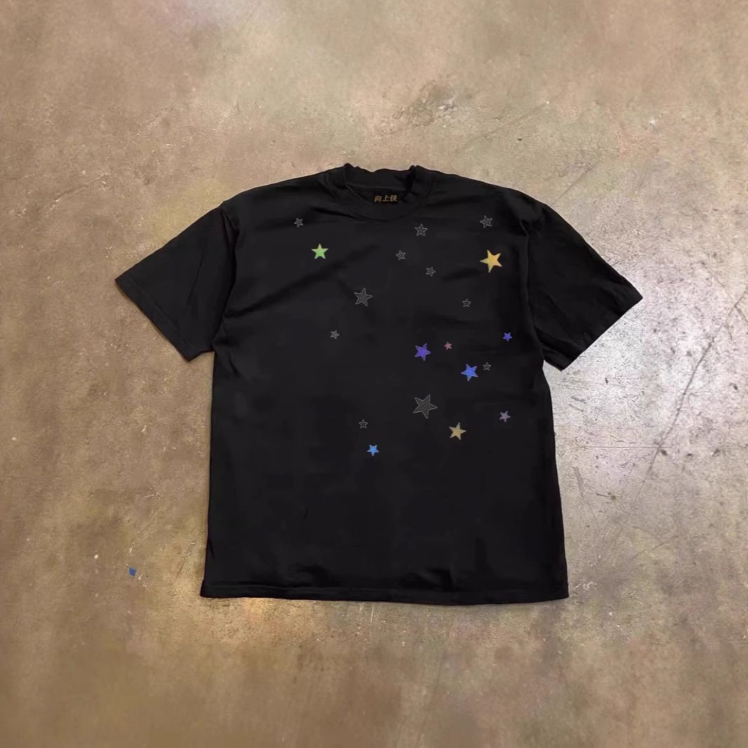 Galaxy Stars Print T-Shirt - Y2k Oversized Streetwear Tee, 250gsm Heavyweight Cotton Alternative Fashion Top Celestial Aesthetic Clothing_viptrois.com