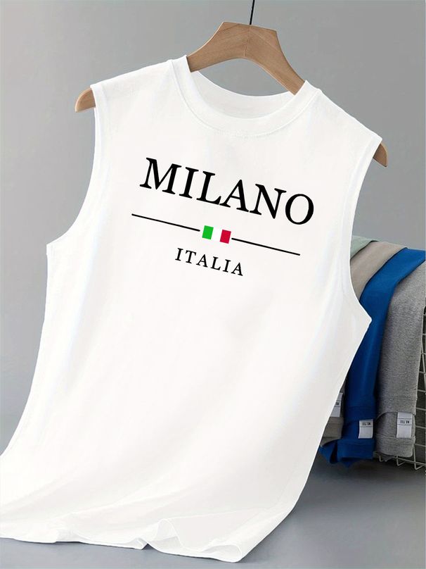 100% Pure Cotton Men's Summer Casual Sports Fitness Loose MILANO ITALIA Pattern Printed Breathable Round Neck Sleeveless Vest_viptrois.com