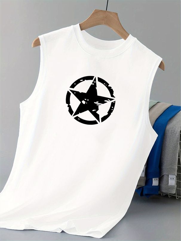 100% Pure Cotton Men's Summer Casual Sports Fitness Loose Five Pointed Star Pattern Printed Breathable Round Neck Sleeveless Vest_viptrois.com