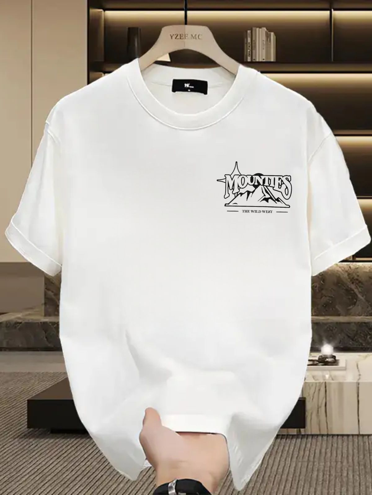 Men's 100% Cotton Short Sleeve T-Shirt With Mountains "The Wild West" Logo, Casual Loose Fit, Streetwear Style_viptrois.com