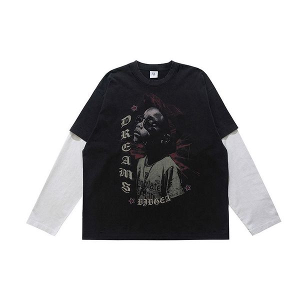 American-style Washed Faux Two-piece Printed Distressed 300g T-shirt For Men, Loose Casual Long-sleeve Vintage_viptrois.com