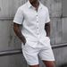 Men's Summer Jacquard Shirt & Shorts Set – Breathable Poly-Cotton Blend, Short-Sleeve Casual Outfit (Turmeric/White/Lake Blue, Sizes M-XXXL_viptrois.com