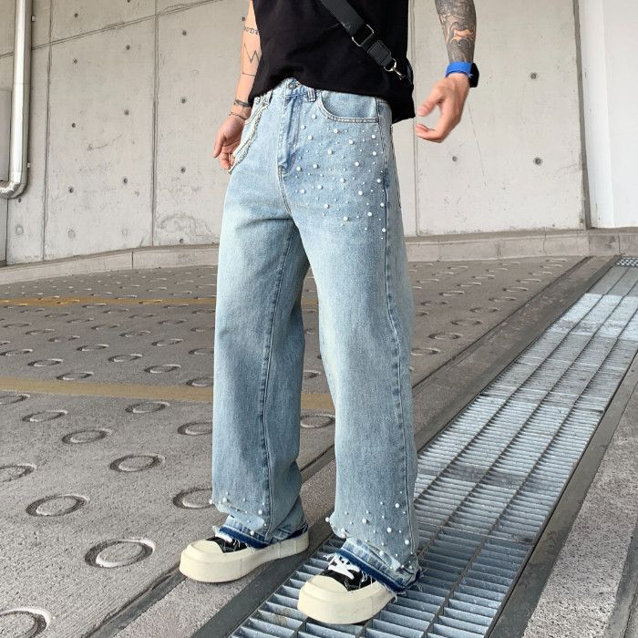 Men's Clothing Unisex Distressed Denim Jeans With Pearl Embellishments – Oversized Straight-Leg Pants (L-XXXL) | Vintage Washed Blue/Black_viptrois.com