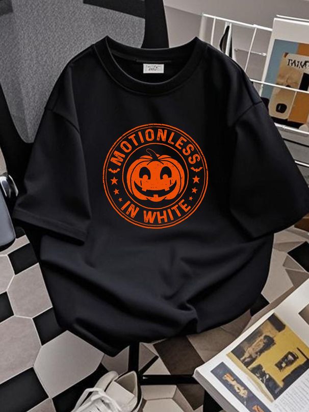 Halloween Costume Pumpkin Scary Funny Motionlesses In White T-Shirt Top For Everyday Wear Breathable Streetwear Designer Clothes Slightly Unisex_viptrois.com